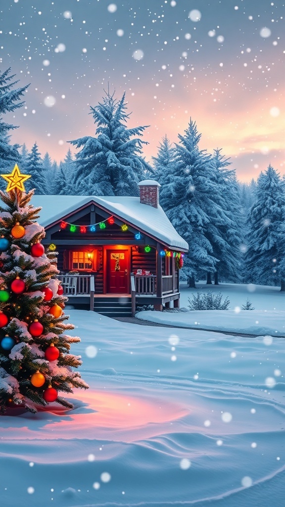 A snowy Christmas landscape with a cozy cabin and decorated tree, perfect for a festive wallpaper.
